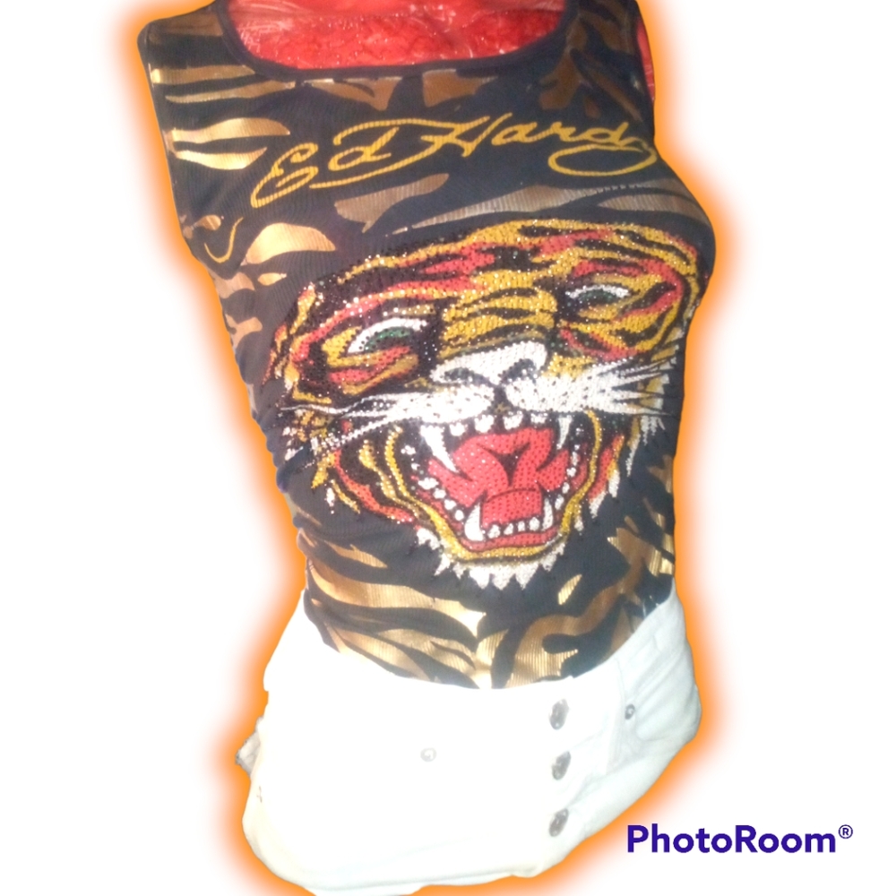 Vintage Ed Hardy gold lamé striped tiger jeweled tank top by Christian Audigier
